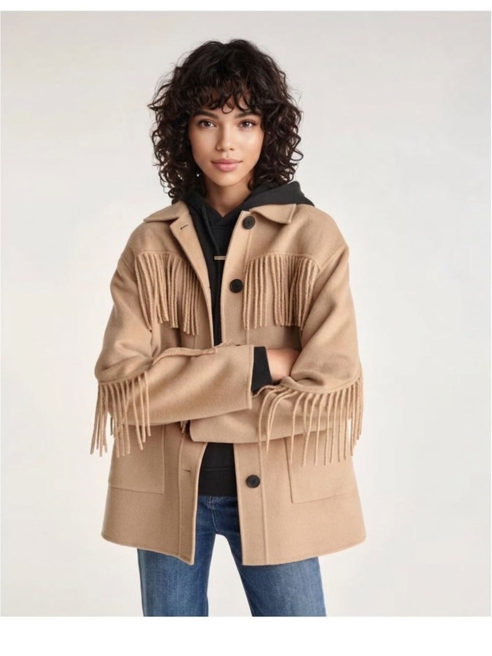 The Kooples Beige Fringe Wool Pea Coat